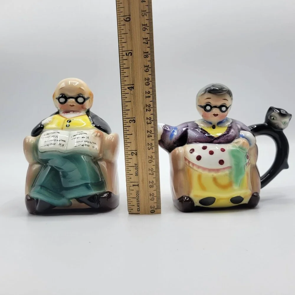Vintage Hand Painted Japan Grandparents Creamer & Sugar Bowl Set
